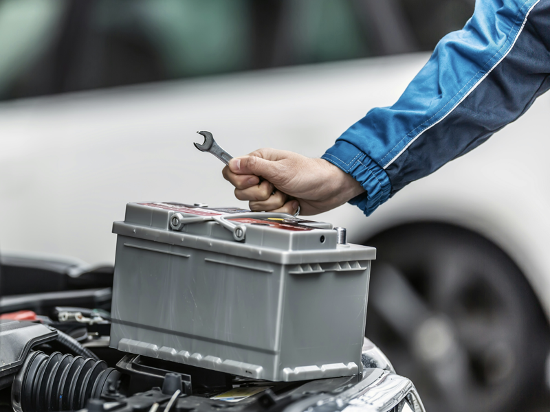 a technician changing an automotive vehicle battery