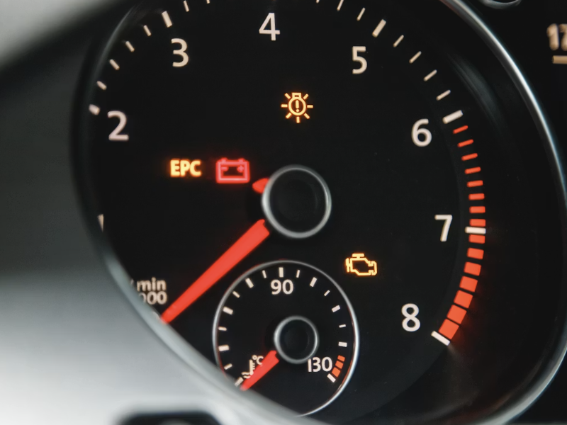 Dashboard warning lights showing check engine service alert